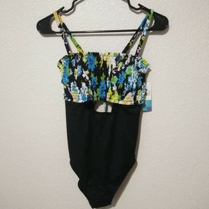 Beach Betty Swimsuit One Piece Black Floral Corset Tie Cutout Beach Swim Small